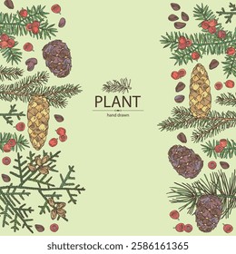 Background with conifers: cedar and cone, spruce tree, taxus baccata and thuja plicata. Cosmetics and medical plant. Vector hand drawn illustration.