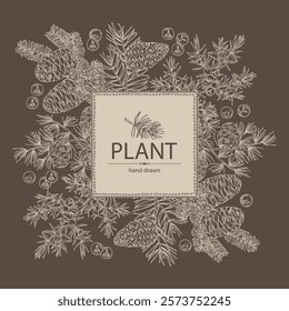 Background with conifers: pine tree and cone, korean fir, juniper and larix. Cosmetics and medical plant. Vector hand drawn illustration.