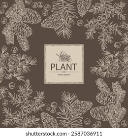 Background with conifers: pine tree and cone, korean fir, juniper and larix. Cosmetics and medical plant. Vector hand drawn illustration.