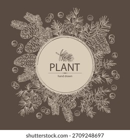 Background with conifers: pine tree and cone, korean fir, juniper and larix. Cosmetics and medical plant. Vector hand drawn illustration.