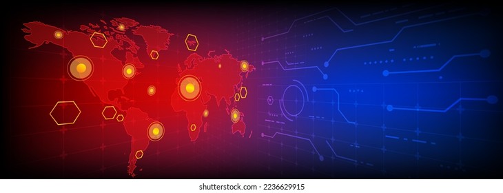 Background Connecting Technologie in der modernen Welt erhöht den Komfort der Menschen. Und es ist eine schnelle Geschäftsexpansion. Das Bild verwendet rote und blaue Töne und Verbindungslinien.