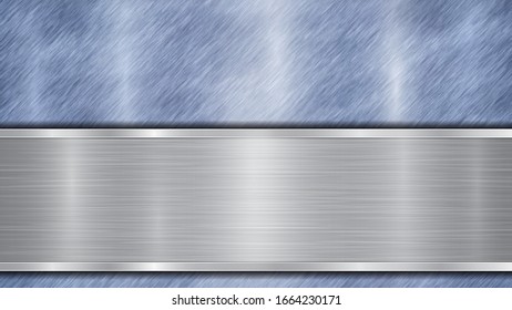 Background consisting of a blue shiny metallic surface and one horizontal polished silver plate located below, with a metal texture, glares and burnished edges