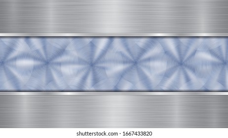 Background consisting of a blue shiny metallic surface and two horizontal polished silver plates located above and below, with a metal texture, glares and burnished edges