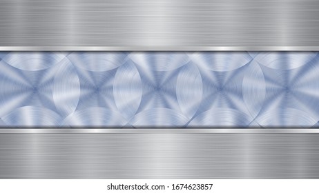 Background consisting of a blue shiny metallic surface and two horizontal polished silver plates located above and below, with a metal texture, glares and burnished edges