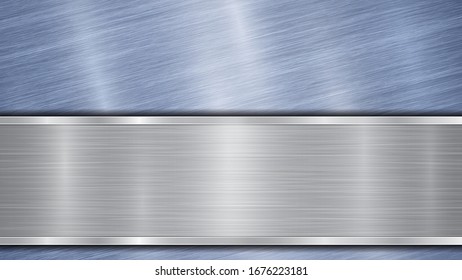 Background consisting of a blue shiny metallic surface and one horizontal polished silver plate located below, with a metal texture, glares and burnished edges