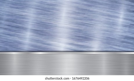 Background consisting of a blue shiny metallic surface and one horizontal polished silver plate located below, with a metal texture, glares and burnished edges