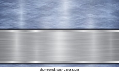 Fondo formado por una superficie metálica brillante azul y una plancha plateada pulida horizontal situada más abajo, con una textura metálica, bombillas y bordes quemados