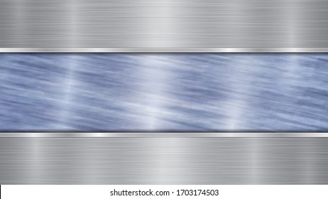 Background consisting of a blue shiny metallic surface and two horizontal polished silver plates located above and below, with a metal texture, glares and burnished edges
