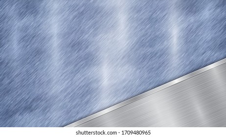 Background consisting of a blue shiny metallic surface and one polished silver plate located in corner, with a metal texture, glares and burnished edge