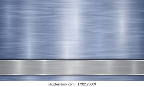 Background consisting of a blue shiny metallic surface and one horizontal polished silver plate located below, with a metal texture, glares and burnished edges