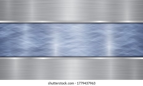 Background consisting of a blue shiny metallic surface and two horizontal polished silver plates located above and below, with a metal texture, glares and burnished edges