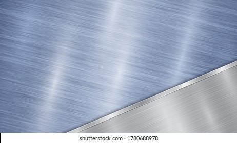 Background consisting of a blue shiny metallic surface and one polished silver plate located in corner, with a metal texture, glares and burnished edge