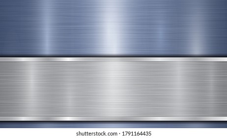 Background consisting of a blue shiny metallic surface and one horizontal polished silver plate located below, with a metal texture, glares and burnished edges