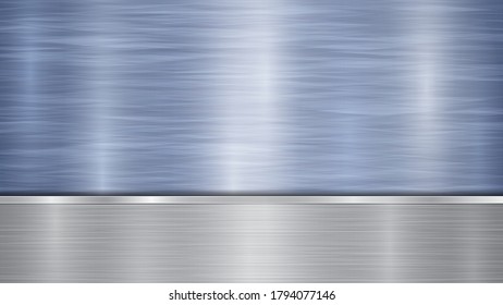 Fondo formado por una superficie metálica brillante azul y una placa plateada pulida horizontal situada más abajo, con textura metálica, bombillas y bordes bruñidos