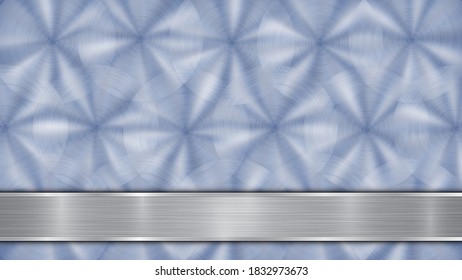 Background consisting of a blue shiny metallic surface and one horizontal polished silver plate located below, with a metal texture, glares and burnished edges