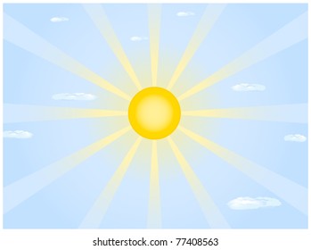 Background consisting of a blue sky, clouds and sun with radiating
