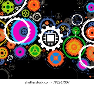 background consisting of bright gears and arrows.the concept of motion. Bright color image on a black background. File is saved in AI10 EPS version.