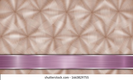 Background consisting of a bronze shiny metallic surface and one horizontal polished purple plate located below, with a metal texture, glares and burnished edges