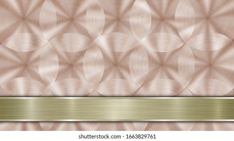 Background consisting of a bronze shiny metallic surface and one horizontal polished golden plate located below, with a metal texture, glares and burnished edges