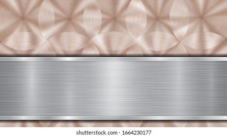 Background consisting of a bronze shiny metallic surface and one horizontal polished silver plate located below, with a metal texture, glares and burnished edges
