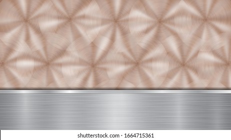 Background consisting of a bronze shiny metallic surface and one horizontal polished silver plate located below, with a metal texture, glares and burnished edges