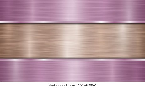 Background consisting of a bronze shiny metallic surface and two horizontal polished purple plates located above and below, with a metal texture, glares and burnished edges