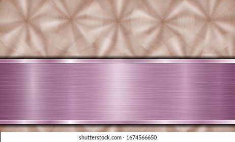 Background consisting of a bronze shiny metallic surface and one horizontal polished purple plate located below, with a metal texture, glares and burnished edges