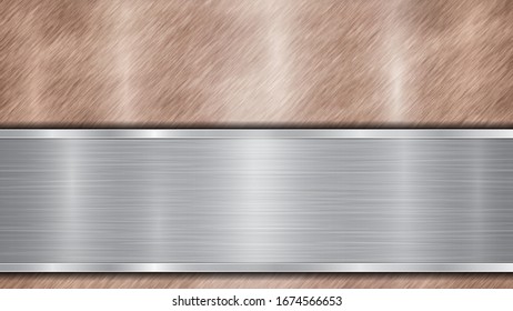 Background consisting of a bronze shiny metallic surface and one horizontal polished silver plate located below, with a metal texture, glares and burnished edges