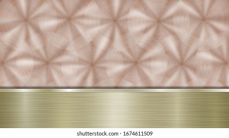 Fondo formado por una superficie metálica brillante de bronce y una plancha dorada pulida horizontal situada más abajo, con una textura metálica, bombillas y bordes quemados