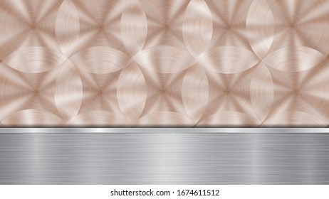Background consisting of a bronze shiny metallic surface and one horizontal polished silver plate located below, with a metal texture, glares and burnished edges