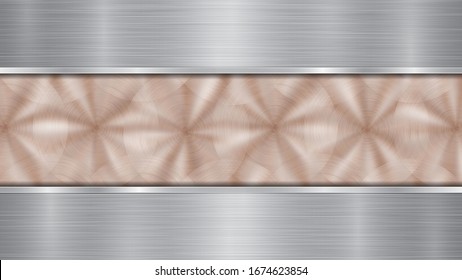 Background consisting of a bronze shiny metallic surface and two horizontal polished silver plates located above and below, with a metal texture, glares and burnished edges