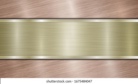 Background consisting of a bronze shiny metallic surface and one horizontal polished golden plate located centrally, with a metal texture, glares and burnished edges