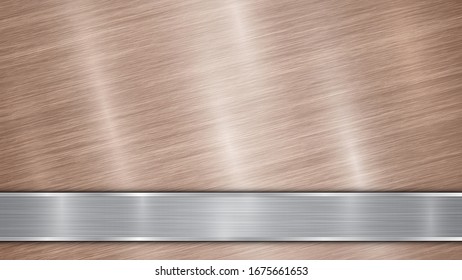 Background consisting of a bronze shiny metallic surface and one horizontal polished silver plate located below, with a metal texture, glares and burnished edges