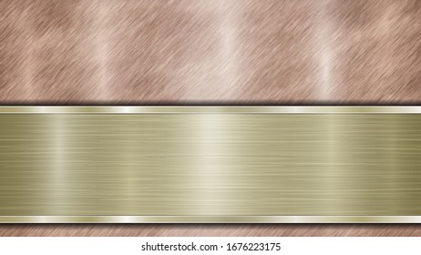 Background consisting of a bronze shiny metallic surface and one horizontal polished golden plate located below, with a metal texture, glares and burnished edges