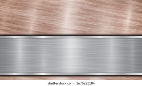 Background consisting of a bronze shiny metallic surface and one horizontal polished purple plate located below, with a metal texture, glares and burnished edges