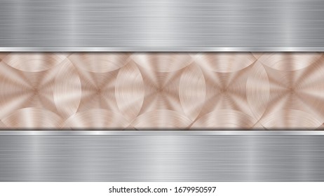 Fondo formado por una superficie metálica brillante de bronce y dos placas plateadas horizontales pulidas situadas por encima y por debajo, con una textura metálica, bombillas y bordes quemados