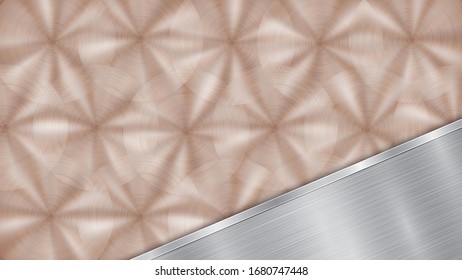 Fondo formado por una superficie metálica brillante de bronce y una placa plateada pulida situada en la esquina, con textura metálica, bombillas y bordes quemados
