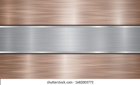 Background consisting of a bronze shiny metallic surface and one horizontal polished silver plate located centrally, with a metal texture, glares and burnished edges