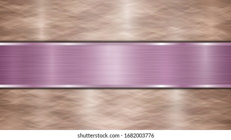 Background consisting of a bronze shiny metallic surface and one horizontal polished purple plate located centrally, with a metal texture, glares and burnished edges