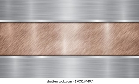 Background consisting of a bronze shiny metallic surface and two horizontal polished silver plates located above and below, with a metal texture, glares and burnished edges