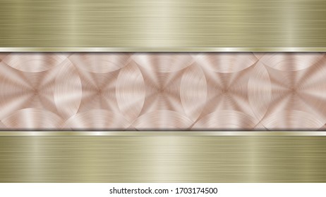 Background consisting of a bronze shiny metallic surface and two horizontal polished golden plates located above and below, with a metal texture, glares and burnished edges