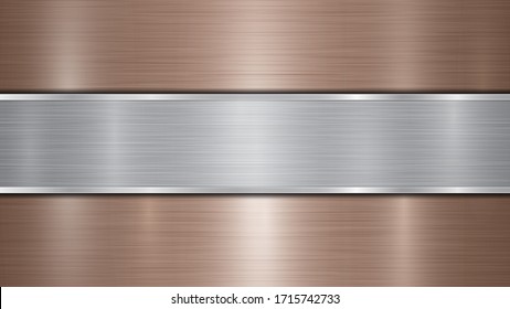 Background consisting of a bronze shiny metallic surface and one horizontal polished silver plate located centrally, with a metal texture, glares and burnished edges