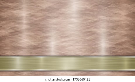 Background consisting of a bronze shiny metallic surface and one horizontal polished golden plate located below, with a metal texture, glares and burnished edges