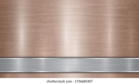 Background consisting of a bronze shiny metallic surface and one horizontal polished silver plate located below, with a metal texture, glares and burnished edges