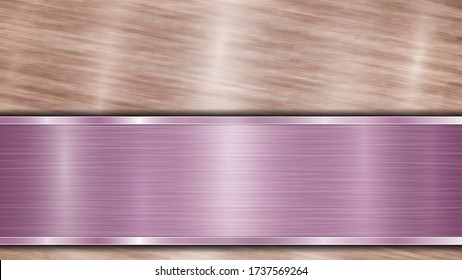 Background consisting of a bronze shiny metallic surface and one horizontal polished purple plate located below, with a metal texture, glares and burnished edges