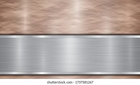 Background consisting of a bronze shiny metallic surface and one horizontal polished silver plate located below, with a metal texture, glares and burnished edges