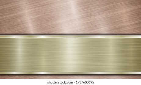 Background consisting of a bronze shiny metallic surface and one horizontal polished golden plate located below, with a metal texture, glares and burnished edges