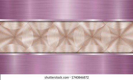 Background consisting of a bronze shiny metallic surface and two horizontal polished purple plates located above and below, with a metal texture, glares and burnished edges