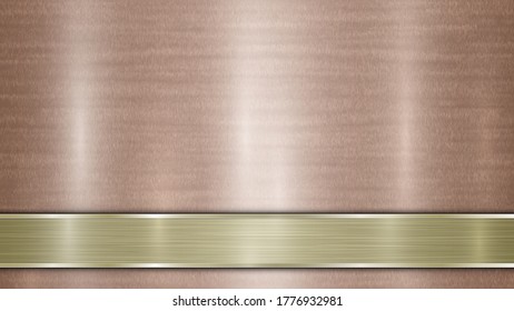 Background consisting of a bronze shiny metallic surface and one horizontal polished golden plate located below, with a metal texture, glares and burnished edges