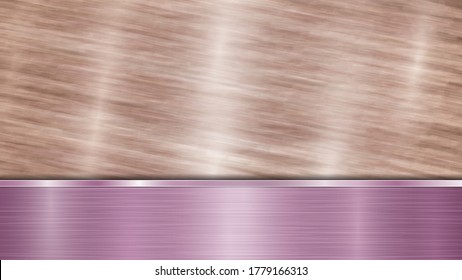 Background consisting of a bronze shiny metallic surface and one horizontal polished purple plate located below, with a metal texture, glares and burnished edges